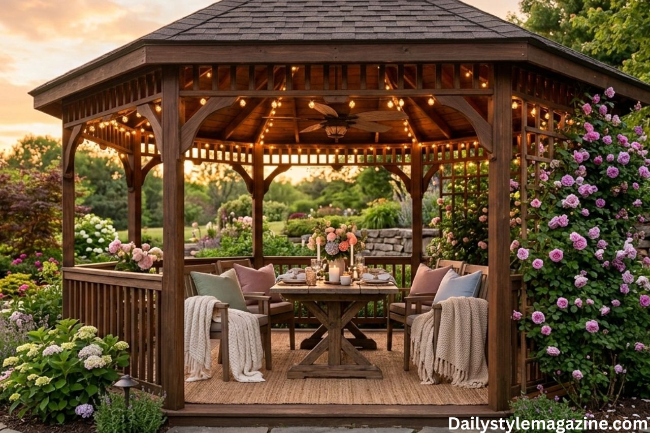 Elegant gazebo decorated with patio furniture and plush outdoor rugs for 2025 retreat