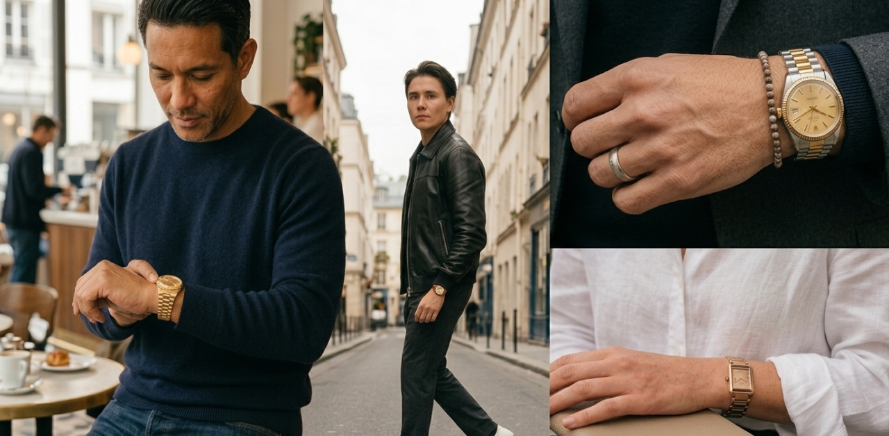 Stylish man wearing a luxury golden watch with a navy blue sweater and denim